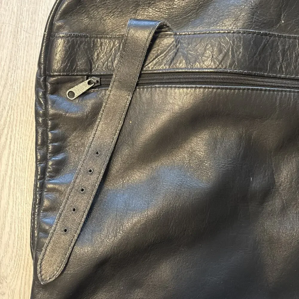 Vintage Black Leather Garment Bag Japanese Foldable Buckles 38” Long